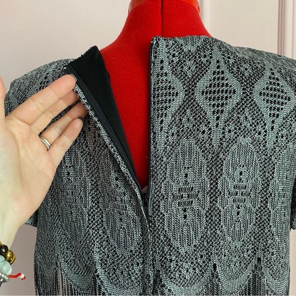 Vintage CARTISE Dress, Silver Crochet Knit, Maxi, Fringe, Black Lining, (US M) - Picture 8 of 16
